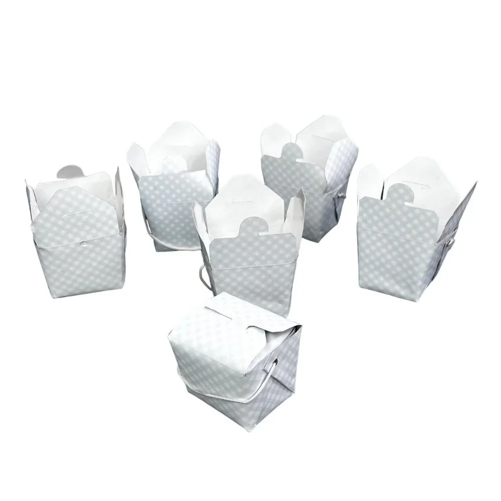 Lot 6 Mini Take Out Boxes Gingham Blue White Check Carrying Handle Gift Goody